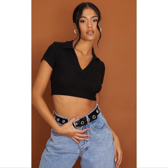 PrettyLittleThing Black Cropped Collared Top - Picture 1 of 3